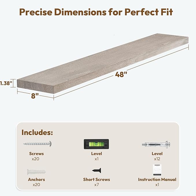 Vivelove Elm Wood Floating Shelves, Wooden Shelves for Wall with Invisible Bracket for Living Room Bedroom Bathroom Office Book, Rustic Farmhouse Decor Storage & Display, 48 Inch Set of 1- Grey
