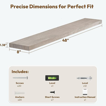 Vivelove Elm Wood Floating Shelves, Wooden Shelves for Wall with Invisible Bracket for Living Room Bedroom Bathroom Office Book, Rustic Farmhouse Decor Storage & Display, 48 Inch Set of 1- Grey