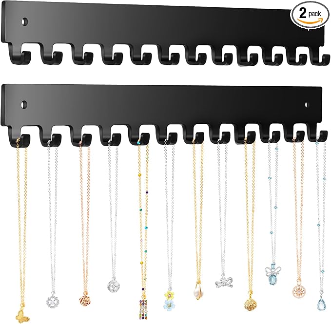 Acrylic Necklace Holder 2 Pack Wall Mounted Necklace Organizer Hanging Jewelry Organizer with 12 Hooks for Necklaces, Bracelets, Rings and Bangles Display Black
