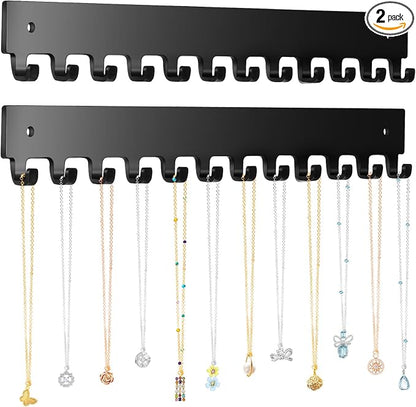 Acrylic Necklace Holder 2 Pack Wall Mounted Necklace Organizer Hanging Jewelry Organizer with 12 Hooks for Necklaces, Bracelets, Rings and Bangles Display Black