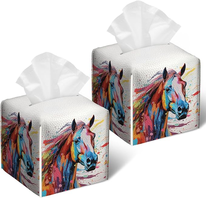 Colorful Horse Tissue Box Cover 2PCS, Animals Leather Tissue Box Holder Square Facial Paper Case Tissue Box Cube Organizer for Bathroom Bedroom Desk Office