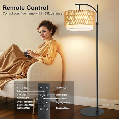 Bohemian Rattan Floor Lamp for Living Room - Black Arc Design, 12W LED (1 in use + 1 Spare), Remote & Dimmable 3 - Color Temp, Tall Standing Lamp