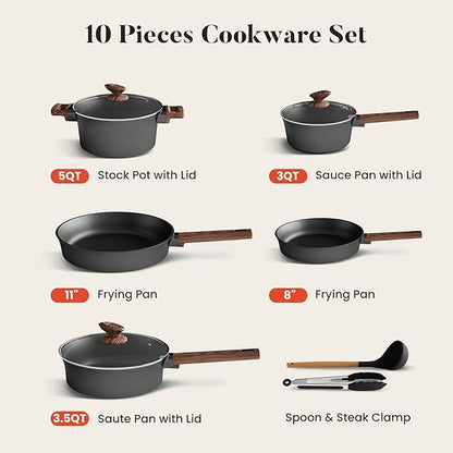 Kitchen Academy Non Toxic Pots and Pans Set Non Stick - 10 Pcs Induction Ceramic Cookware Set, Healthy Nonstick Black Cooking Pans Set, PFAS/PTFE/PFOA & PFOS Free