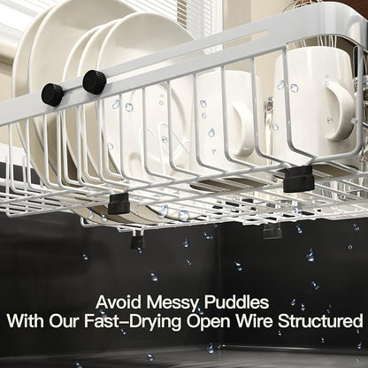 MAJALiS White Dish Drying Rack Over The Sink, Expandable Stainless Steel Dish Drainer for Small Kitchen Counter Space Saving, RV Compact Plate Strainer in Metal with Hanging Adjustable Utensil Holder