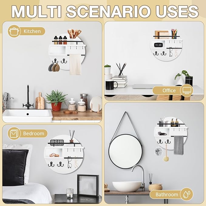 kuaima Key Holder Wall Mount, Round Wooden Key Rack with Shelf, Sunglasses Hanger, Storage Box, Multi Hooks, 12 Inch, White and Black