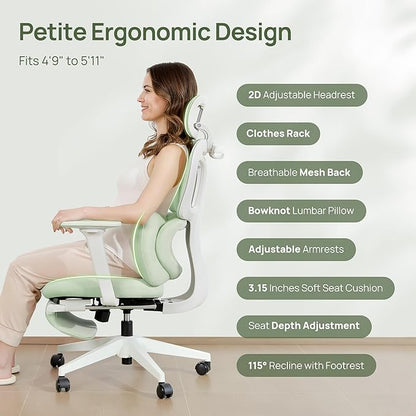 CabLady S1 Petite Ergonomic Office Chair Design with Detachable Pillow Lumbar Cushion, Coat Hanger, 2D Headrest & PU Armrests, Cloud Seat & Footrest Cute Desk Chair for Women Girls