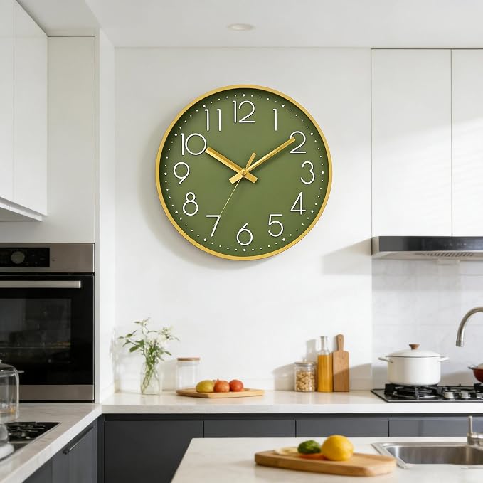 DAXSMY Wall Clock - 10 Inch Silent Non-Ticking Modern 3D Wall Clocks Battery Operated - Decorative Clock for Kitchen, Home Office, Bathroom, Bedroom(Green)