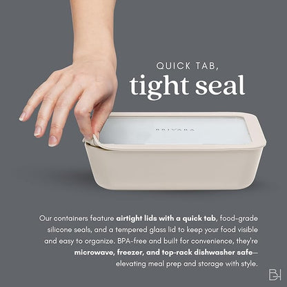 BRIVARA HOME Ceramic Coated Glass Food Storage Container | No PTFE, PFOA, PFAS, and BPA | Reusable Non Toxic Meal Prep Container with Glass Lid | Easy To Store | 2.5 Cup Square [Crema]