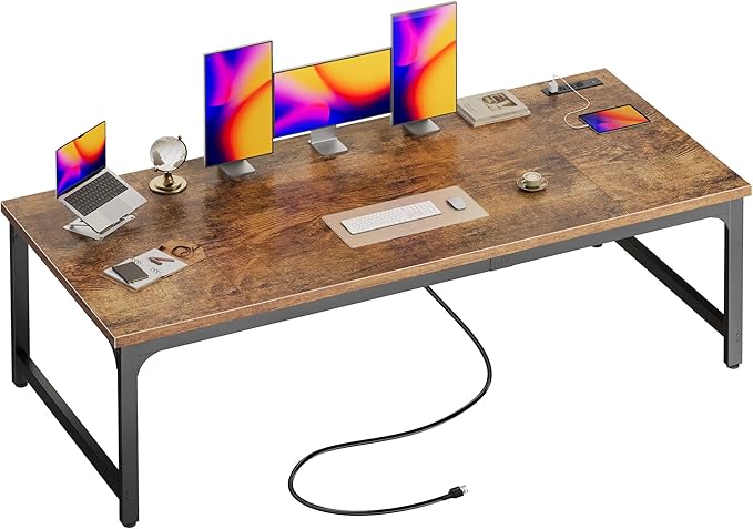 Huuger 71 x 31.5 Inch Desk with Power Outlets & USB-C, 0.95 Inch Thicker Desktop, Robust Metal Tubes, Deep Computer Desk, Heavy Duty Office Desk, Work Desk for Home Office, Rustic Brown