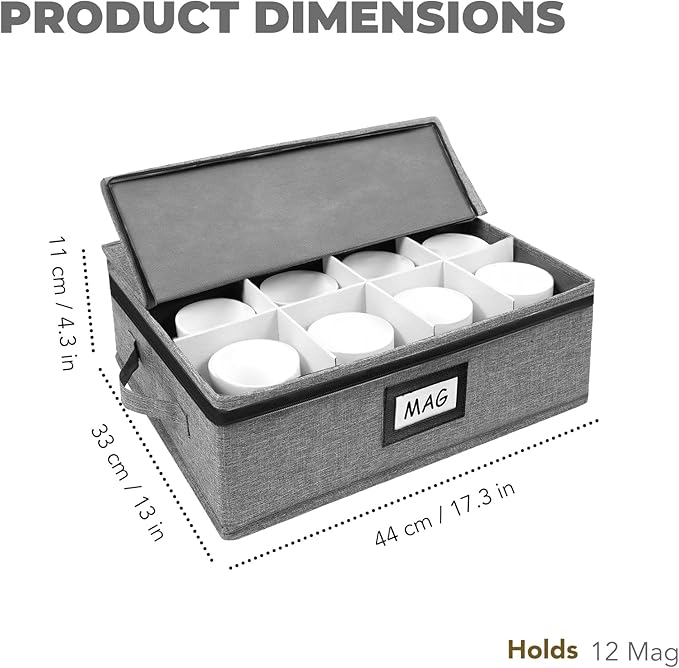 HURZMORO Mug Storage Box with 12 Compartments, Gray Hard Shell Container, Padded Dividers, Dual Handles, Zipper Lid for Coffee Cup Organization and Moving(2, Coffee Cup Storage Box)