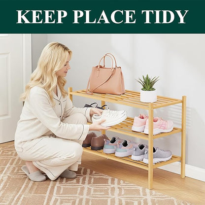 Smiry Bamboo Shoe Rack 3-Tier, Stackable Wooden Shoe Organizer for Entryway & Closet, Free Standing Wood Shoe Storage Shelf for Front Door & Small Spaces, Natural