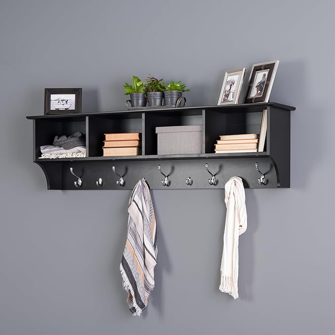 Prepac 60" Contemporary Wall Mounted Coat Rack, Coat Hooks Wall Mount with 4 Shelves, Ideal for Hallway or Entryway Hanging Solution, 11.5"D x 60"W x 16.5"H, Black