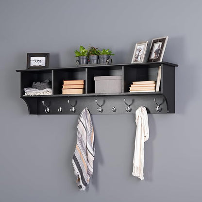 Prepac 60" Contemporary Wall Mounted Coat Rack, Coat Hooks Wall Mount with 4 Shelves, Ideal for Hallway or Entryway Hanging Solution, 11.5"D x 60"W x 16.5"H, Black