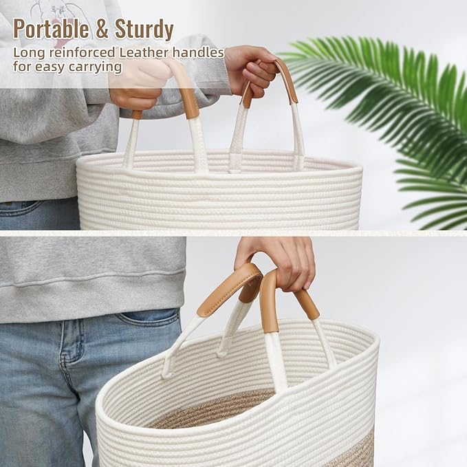 90L Striped Laundry Basket, Brown Laundry Hamper with Leather Handles, Woven Cotton Rope Storage Bin for Blankets, Nursery Hamper for Clothes, Toys In Bathroom, Livingroom, Bedroom