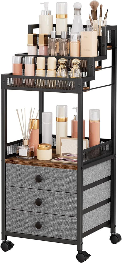 Display Riser Stand Perfume Cologne Organizer, 13in Rolling Makeup Storage Cart with Fabric Drawers, Floor Vanity Cosmetics Display Cases for Skin Care Nail Polish Figures Rustic Brown