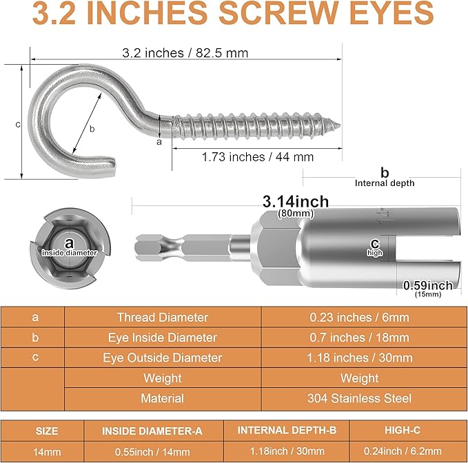304 Stainless Steel Screw-in Hooks, Heavy-Duty Eye Hooks for Wood, Christmas Lighting (14 pcs + 1/4" Hex Shank Wing Nut Driver)