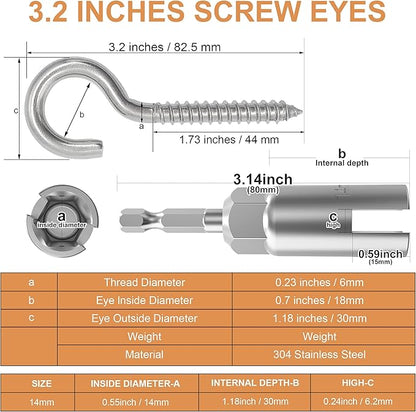 304 Stainless Steel Screw-in Hooks, Heavy-Duty Eye Hooks for Wood, Christmas Lighting (14 pcs + 1/4" Hex Shank Wing Nut Driver)