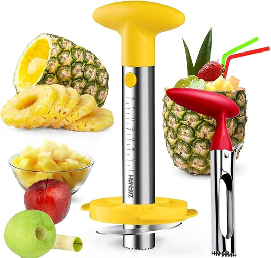 Pineapple Corer & Slicer Tool - Stainless Steel Pineapple Peeler, Easy Core Remover, Eye Removal Tool, Pelador De Pia (Yellow with Measure Marks)