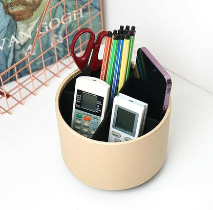 Hennaja Round Leather Art Supply Organizer,Remote Control Holder,360 Degree Spinning,Multi-Functional Pencil Holder,4 Compartments Desktop Stationary Organizer(1-Lichee Gold)