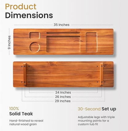 Teak Bathtub Tray for Freestanding Tubs - 35" Heavy-Duty Luxury Bath Caddy, Non-Slip Zero-Wobble Design, Water-Resistant Spa Organizer with Wine Glass & Phone Holder