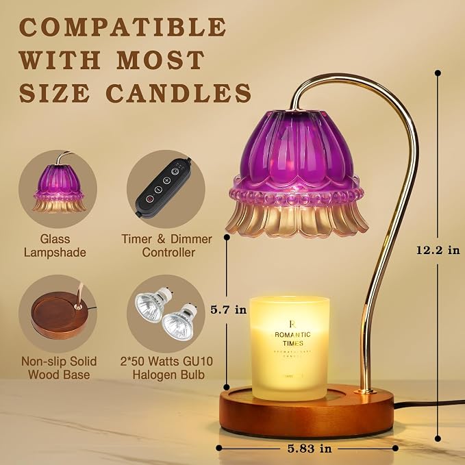 Funistree Flower Candle Warmer Lamp with Timer, Dimmable Candle Lamp Warmer, Christmas Birthday Gifts for Women Mom Her, Housewarming Home Decor, Lotus Wax Warmer for Yankee Candles - Purple Flower