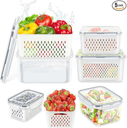 Fruit Storage Containers for Fridge, 10 Pieces Produce Vegetable Saver with Drain Colanders - Refrigerator Organizer for Lettuce Keepers Berry Container