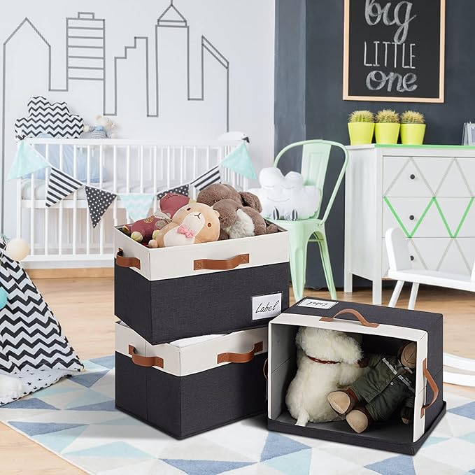 PFFVRP Large Storage Bins with Lids, Foldable Fabric Storage Baskets with Lids, Sturdy Storage Boxes with Labels and 3 PU Handles for Closet Home Bedroom Office (3 Packs, Black&White)