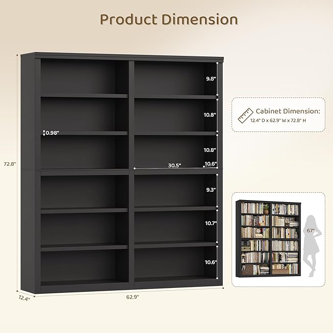 HOSTACK 63" W Open Book Shelf, 73" Tall Bookshelf with Storage, Modern Black Bookshelf, Large Bookcase with 12 Display Shelves, 6 Tier Wooden Book Case for Living Room, Home Office, Library, Black