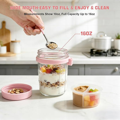 6 Pack Overnight Oats Containers with Lids and Spoon - 16 oz Glass Mason Jars with Separate Compartments Leakproof Chia Pudding Salad Yogurt Parfait Cups for Oatmeal Cereal Meal Prep (Pink)