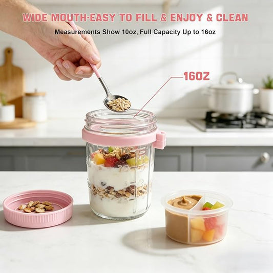 6 Pack Overnight Oats Containers with Lids and Spoon - 16 oz Glass Mason Jars with Separate Compartments Leakproof Chia Pudding Salad Yogurt Parfait Cups for Oatmeal Cereal Meal Prep (Pink)