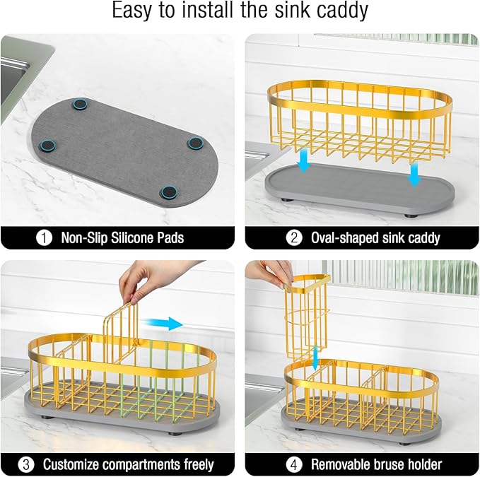 HOKEMOM Gold Sponge Holder for Kitchen Sink,Sink caddy organizer - 2.6mm Thick 304 Stainless Steel Caddy with Rust-Proof Coating, Non-Slip No-Drain Base. Dimensions: 9.84" x 4.72" x 5.83"