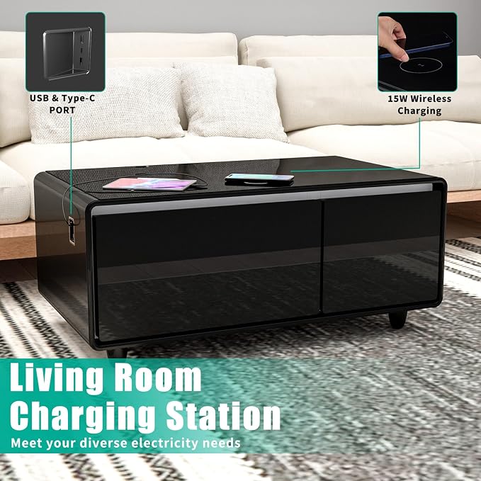 Smart Coffee Table with Fridge and Bluetooth Speakers, Smart Refrigerator Table with 15W Wireless Charger, Touch Control Panel, USB Port, Atmosphere Light and More, LT90 Pro-Black