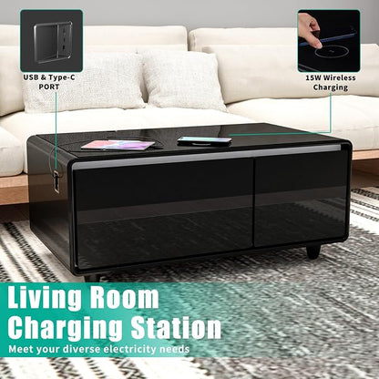 Smart Coffee Table with Fridge and Bluetooth Speakers, Smart Refrigerator Table with 15W Wireless Charger, Touch Control Panel, USB Port, Atmosphere Light and More, LT90 Pro-Black
