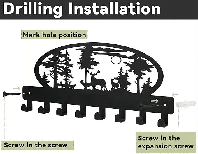 Black Key Hooks Holder for Wall Mounted with 8 Hooks, Metal Deer Cabin Key Hanger Rack Wall Decorative for Home, with Mounting Hardware, Dog Leash Holder, Entryway, Hallway, Office Ready to Hang