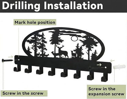 Black Key Hooks Holder for Wall Mounted with 8 Hooks, Metal Deer Cabin Key Hanger Rack Wall Decorative for Home, with Mounting Hardware, Dog Leash Holder, Entryway, Hallway, Office Ready to Hang