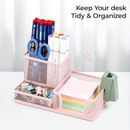 M&G Mesh Pen Holder Desk Organizers Pencil Holder for Desk Pink, 3 Compartments Metal Office Supply Organizer with Sticky Notes Holder for Home Office