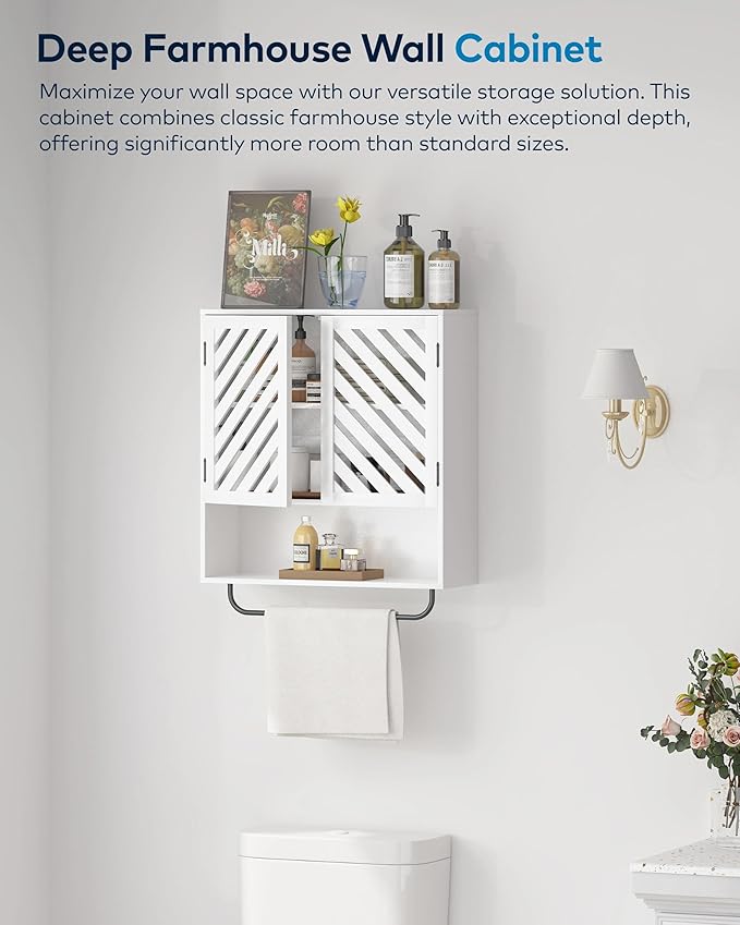 Wall Mounted Bathroom Cabinet with Openwork Doors and Towel Bar, Extra Deep Over The Toilet Storage, Waterproof Farmhouse Medicine Cabinet for Bathroom, Kitchen, Laundry Room (23.6"x8.3"x23.6", White)