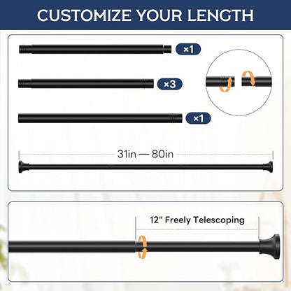 STARLATTA Adjustable Shower Curtain Rod 31-80 Inch, Never Rust Stainless Steel Black Tension Rod, 1" Heavy Duty No-Drill for Bathroom, Kitchen & Closet