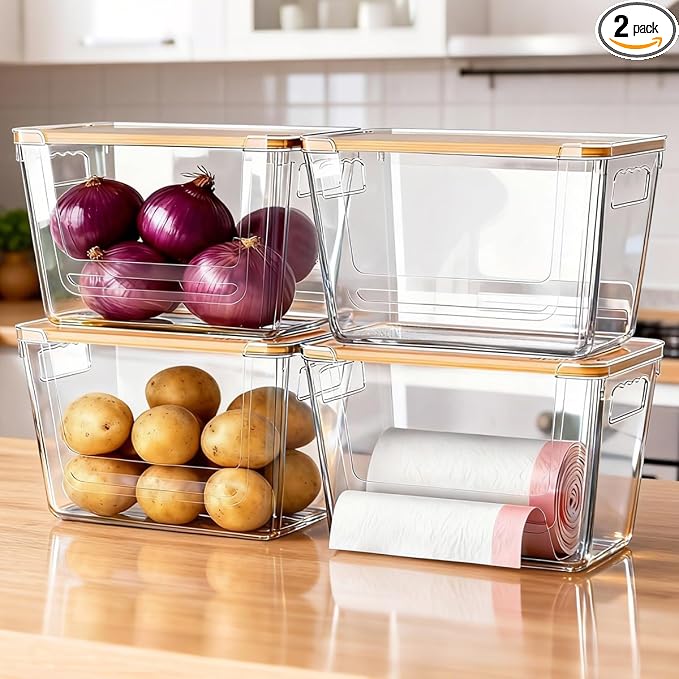 2 Pack Clear Storage Bins with Bamboo Lid, Garbage Bag Dispenser, Pantry Organizers and Storage for Onion Potato, Under Sink Organizer for Kitchen Laundry Room