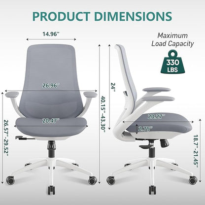 Ergonomic Mesh Office Chair, 330LBS Executive Desk Chair with Lumbar Support, 2D Armrests, Comfy Swivel Computer Task Chairs for Long Hours (Grey)