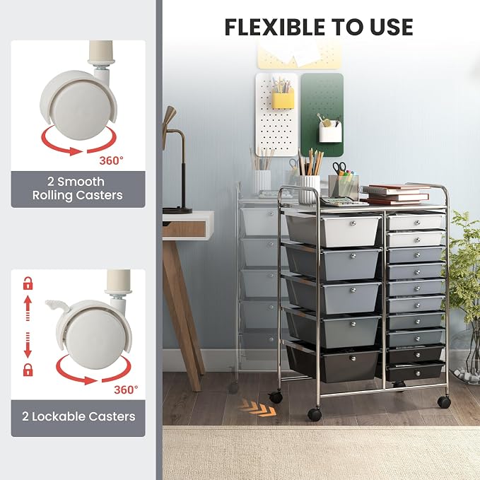 GOFLAME 15-Drawer Rolling Storage Cart, Craft Storage Cart with Removable Drawers & Lockable Wheels, Art Cart Supply Storage Organizer for Home Office Classroom, Gray Gradient