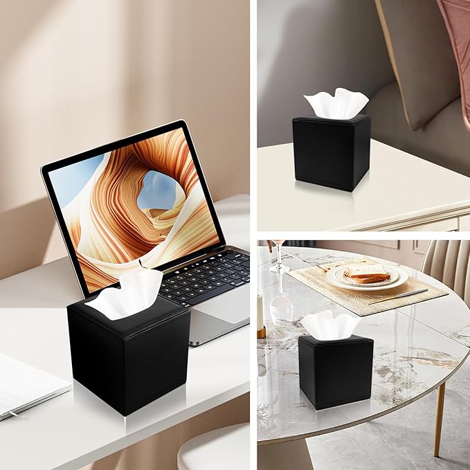 PU Leather Tissue Box Cover with Magnetic Closure,Square Tissue Box Holder with Magnetic Closure at The Bottom，Used for Bathroom Vanity Countertop Night Stands Bedroom Office Desk and Offices-Black