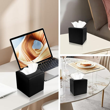 PU Leather Tissue Box Cover with Magnetic Closure,Square Tissue Box Holder with Magnetic Closure at The Bottom，Used for Bathroom Vanity Countertop Night Stands Bedroom Office Desk and Offices-Black