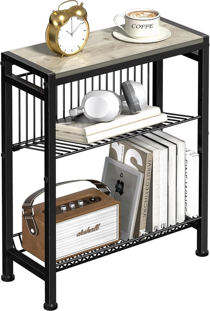 Narrow Side Table for Small Space, 3-Tier End Table with Magazine Holder, Slim Nightstand with Wire Shelf, Skinny Bedside Table in Living Room, Bedroom, Study, Kitchen and Balcony(Greige)