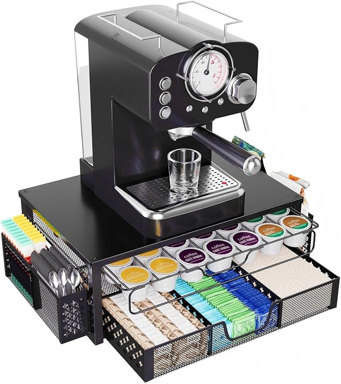 Ekisemio K Cup Organizer, Coffee Pod Holder for Counter with 2 Tier Sliding Storage Drawer & Hanging Baskets, Holds 63 Large or 80 Small Capsules for Coffee Bar, Black