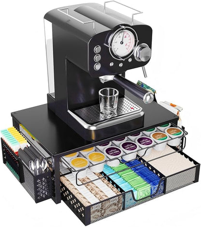 Ekisemio K Cup Organizer, Coffee Pod Holder for Counter with 2 Tier Sliding Storage Drawer & Hanging Baskets, Holds 63 Large or 80 Small Capsules for Coffee Bar, Black