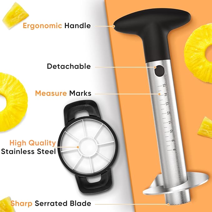 OOKUU Pineapple Corer Cutter, Stainless Steel Fruit Pineapple Peeler Slicer [Upgraded, Reinforced, Thicker Blade], Pineapple Core Remover with Measure Mark, Kitchen Tool for Diced Pineapple Rings