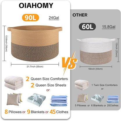 OIAHOMY 90L XXXLarge Blanket Basket for Living Room, 21.7" x 13.8" Woven Cotton Rope Laundry Basket for Organizing Pillows, Decorative Stuffed Animal Toy Storage for Nursery, Jute and Black
