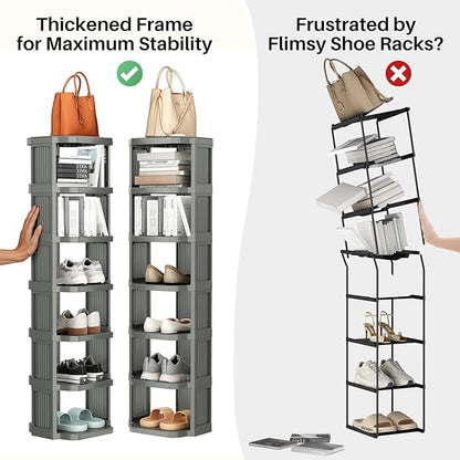 Kitstorack 10-Tier Vertical Plastic Shoe Rack, Freestanding Stackable Shoe Storage Organizer Cubes Shoe Shelf Tower or Small Closets and Tight Spaces, Gray