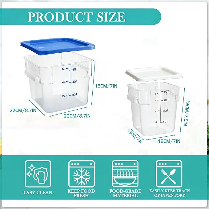 Lallisa 4 Pcs 8 Qt and 4 Qt Clear Food Storage Containers with Lids, Handles and Scales, Commercial Grade Square Containers Polycarbonate Air Tight for Home Storage Kitchen Restaurant (White, Blue)